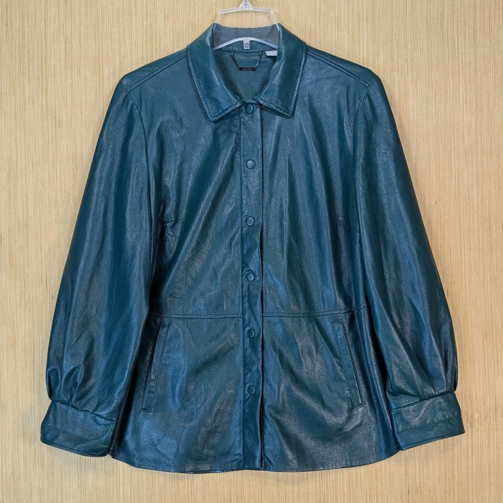 Chicos Faux Leather Shirt Jacket Teal Green Button Front Shacket Size‎ Large